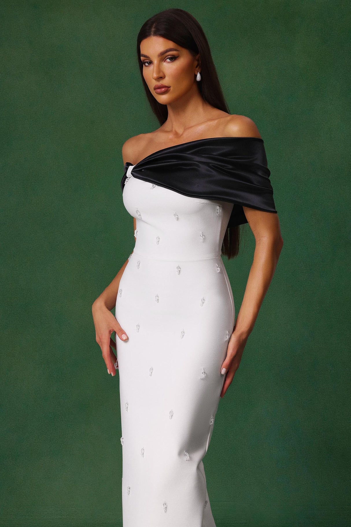 Stella Off-the-Shoulder White Diamond Bow Maxi Dress