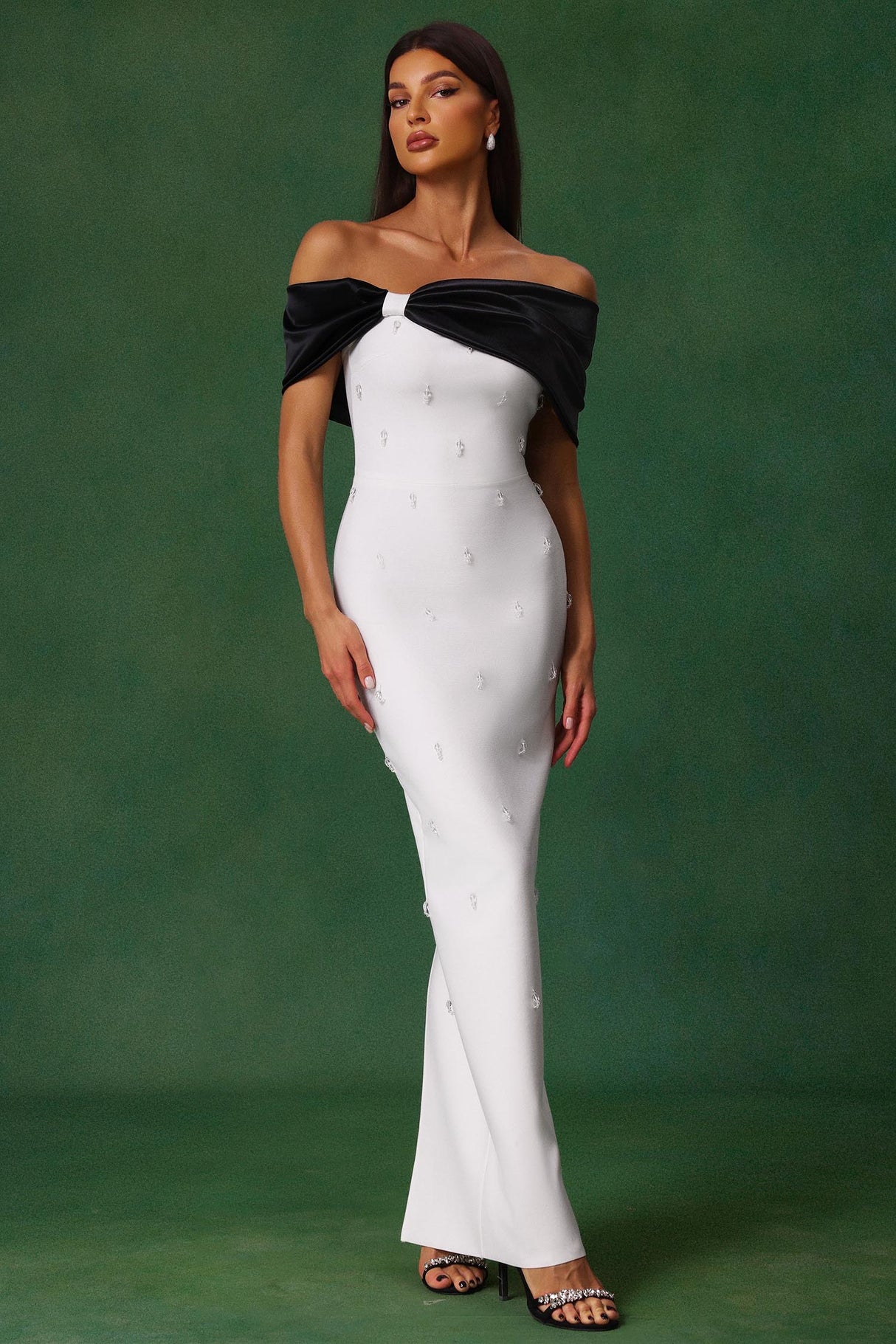 Stella White Diamond Bow Off-the-Shoulder Maxi Dress