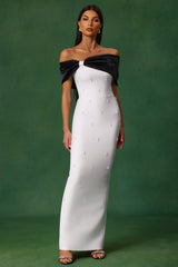Stella white off-the-shoulder diamond bow detail maxi dress
