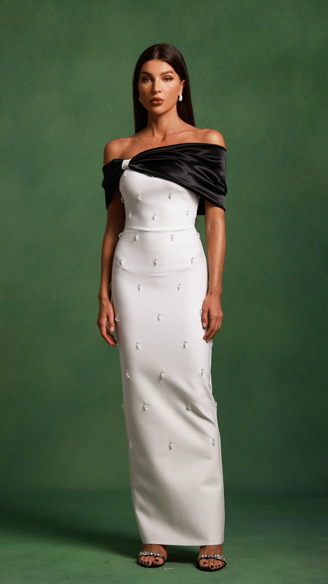 Stella White Off-the-Shoulder Diamond Bow Maxi Dress