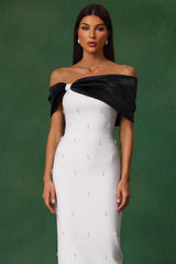 Stella White Off-the-Shoulder Diamond Bow Maxi Dress