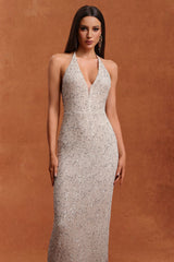 Summer Beige Halter Neckline Maxi Dress with Beaded Detailing