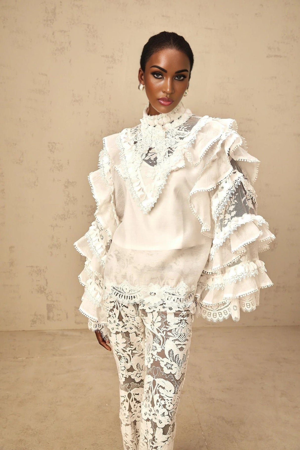 Summer Blouse with Lace Details and Ruffled Sleeves in White