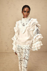Summer Blouse with Lace Details and Ruffled Sleeves in White