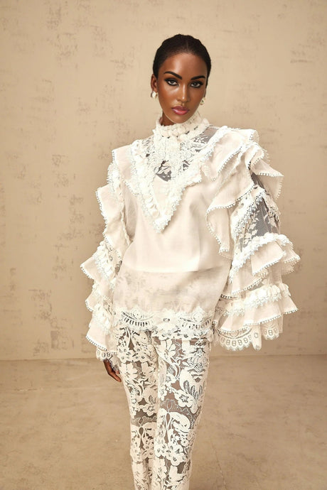 Summer Blouse with Lace Details and Ruffled Sleeves in White