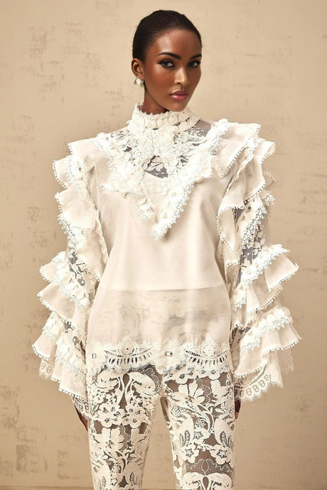 Summer Blouse with Lace Details and Ruffled Sleeves in White