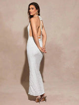 Summer Maxi Dress - Slim Fit - Backless, Draped, Split Thigh - Medium Stretch Elasticity - Halter Neckline - Sleeveless - Pencil Hem Shape