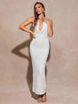 Summer Maxi Dress - Slim Fit - Backless, Draped, Split Thigh - Medium Stretch Elasticity - Halter Neckline - Sleeveless - Pencil Hem Shape