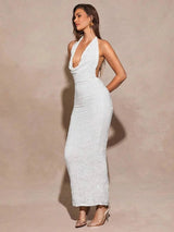 Summer Maxi Dress - Slim Fit - Backless, Draped, Split Thigh - Medium Stretch Elasticity - Halter Neckline - Sleeveless - Pencil Hem Shape