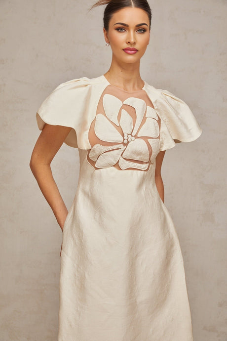 Summer Midi Dress White Jacquard Flutter Sleeve Tulle Floral Panel Zip Calf Length
