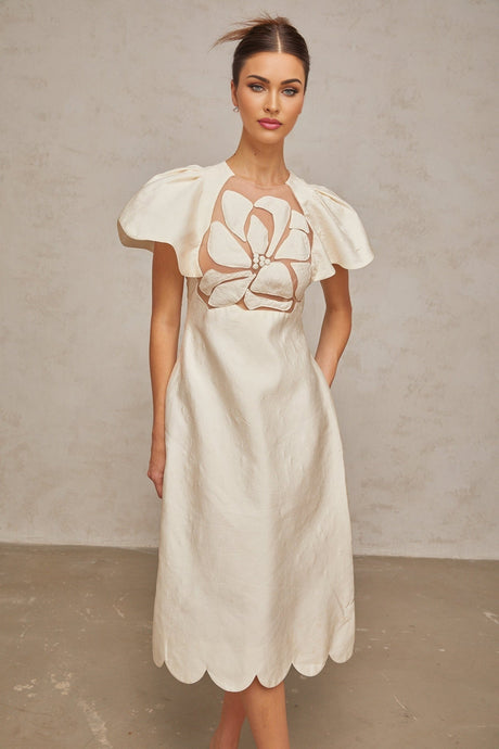 Summer Midi Dress White Jacquard Flutter Sleeve Tulle Floral Panel Zip Calf Length