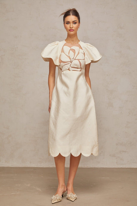 Summer Midi Dress White Jacquard Flutter Sleeve Tulle Floral Panel Zip Calf Length