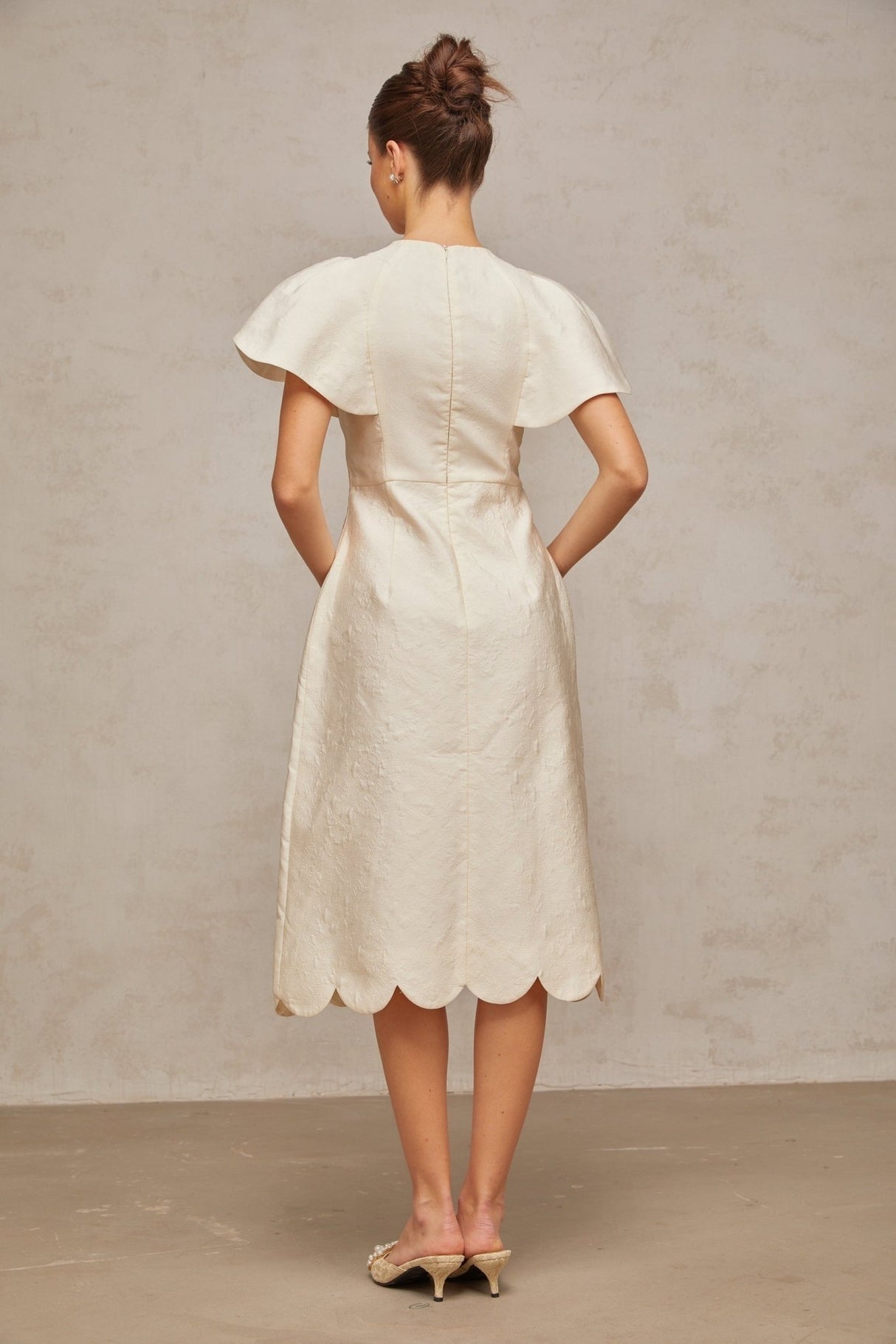Summer Midi Dress White Jacquard Flutter Sleeve Tulle Floral Panel Zip Calf Length