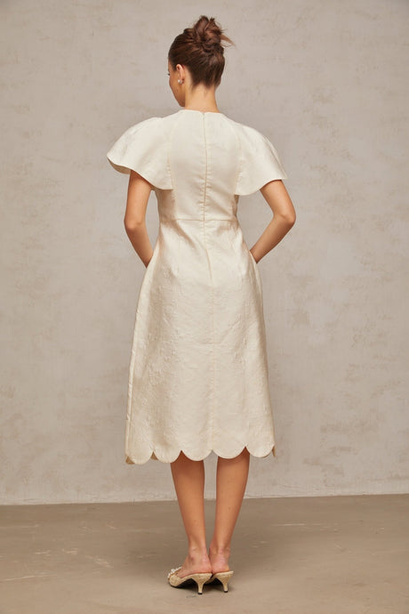 Summer Midi Dress White Jacquard Flutter Sleeve Tulle Floral Panel Zip Calf Length