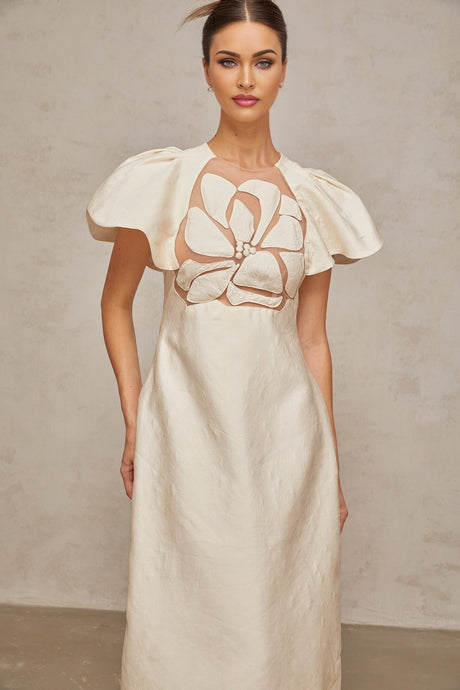 Summer Midi Dress White Jacquard Flutter Sleeve Tulle Floral Panel Zip Calf Length