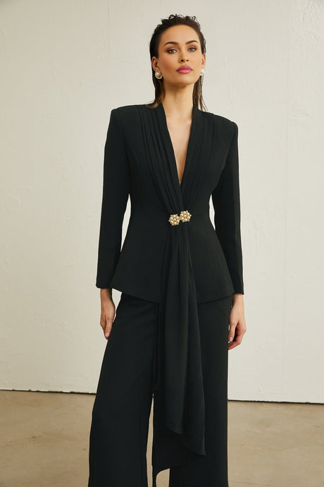 Suzanne black pleated jacket  trousers matching set