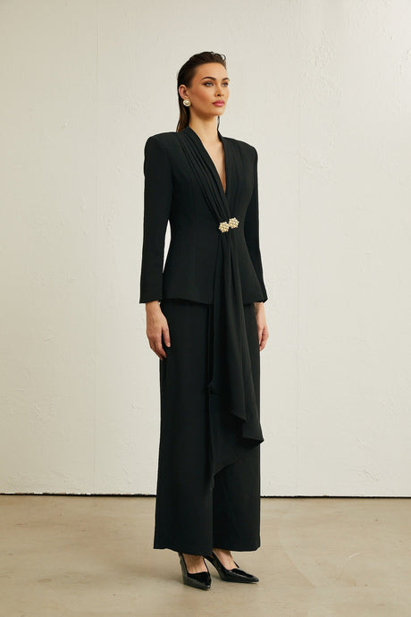 Suzanne black pleated jacket  trousers matching set