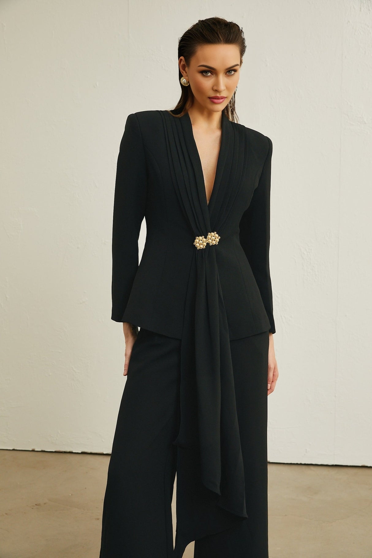 Suzanne black pleated jacket  trousers matching set
