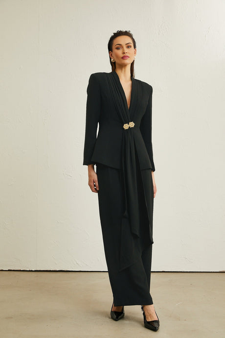Suzanne black pleated jacket  trousers matching set
