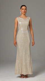 Sydney Beige Sequin Cowl Collar Maxi Dress