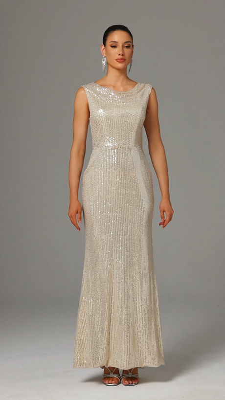 Sydney Beige Sequin Cowl Collar Maxi Dress