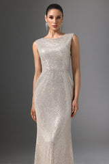 Sydney Beige Sequin Cowl Collar Maxi Dress