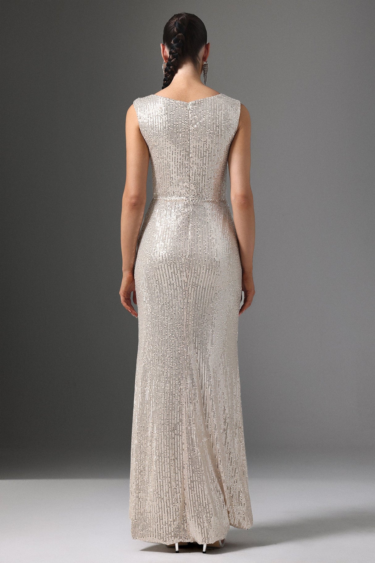 Sydney Beige Sequin Maxi Dress Cowl Collar Sleeveless Elegant Formal Evening Wear