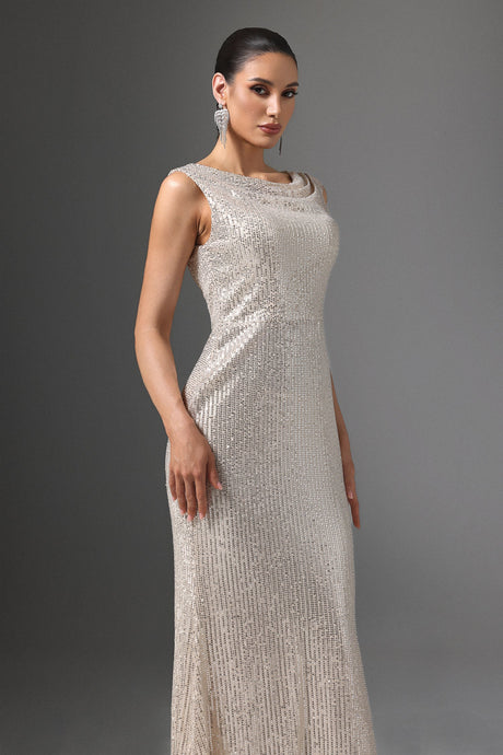 Sydney Beige Sequin Maxi Dress Cowl Collar Sleeveless Elegant Formal Evening Gown