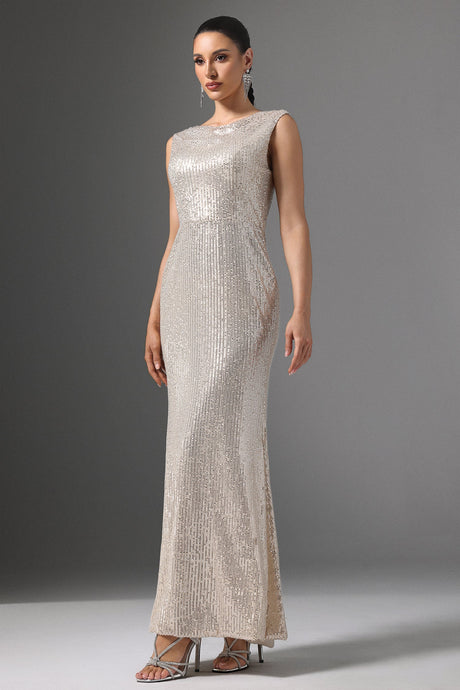 Sydney Beige Sequin Maxi Dress Cowl Collar Sleeveless Elegant Formal Evening Wear