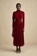 Sydney Midi Dress Red Flap Ruched Detail Long Sleeve Lined Skirt
