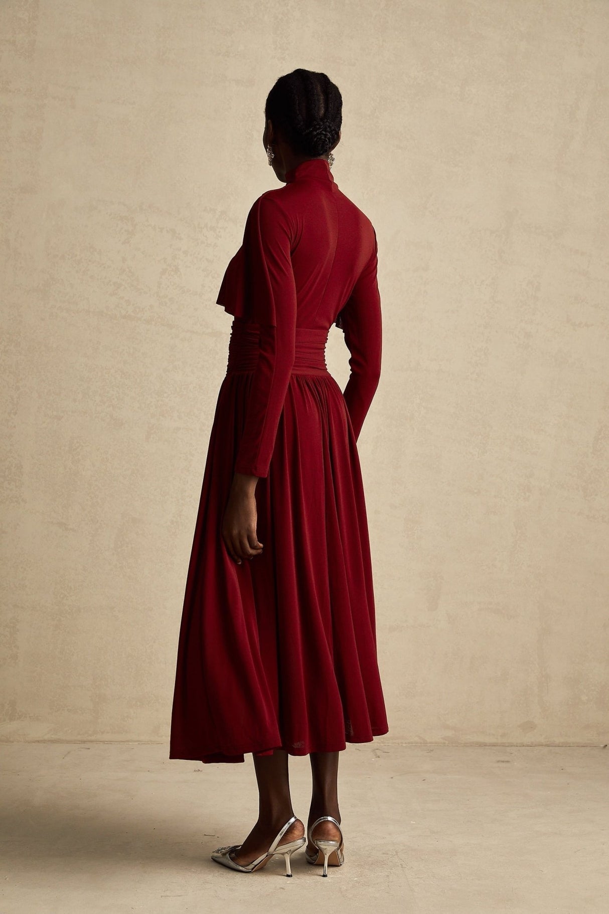 Sydney Midi Dress Red Flap Ruched Detail Long Sleeve Lined Skirt