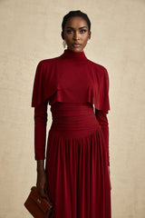 Sydney Midi Dress Red Flap Ruched Detail Long Sleeve Lined Skirt