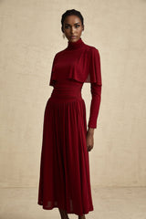 Sydney Midi Dress Red Flap Ruched Detail Long Sleeve Lined Skirt