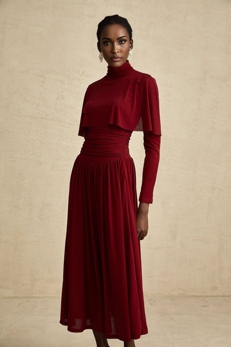 Sydney Midi Dress Red Flap Ruched Detail Long Sleeve Lined Skirt