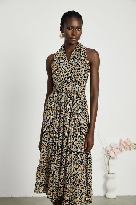 Sydney Midi Dress Yellow Leopard Print Cinched Waist