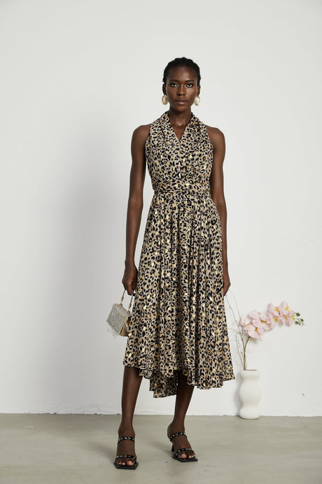 Sydney Midi Dress Yellow Leopard Print Cinched Waist