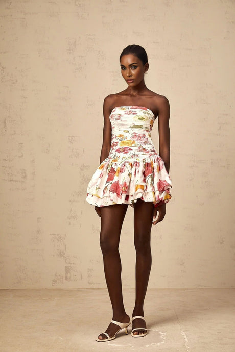 Sydney Mini Dress Pink Floral Smocked Bubble Skirt & Zip Fastening