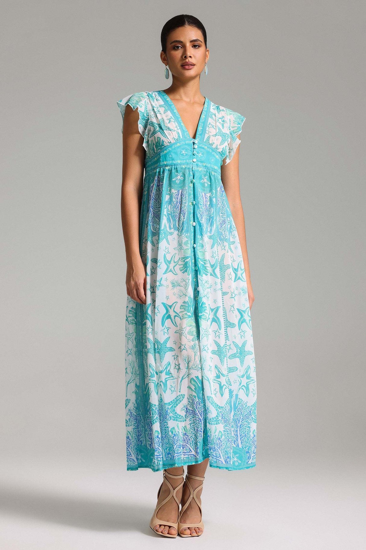 Sydney Turquoise Maxi Dress V-Neckline Flutter Sleeves Lightweight Fabric Vivid Prints Elegant Comfortable