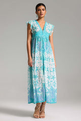 Sydney Turquoise Maxi Dress V-Neckline Flutter Sleeves Lightweight Fabric Vivid Prints Elegant Comfortable