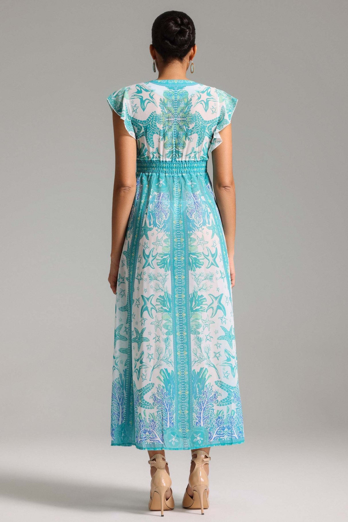 Sydney Turquoise Maxi Dress V-Neckline Flutter Sleeves Vivid Prints Lightweight Fabric