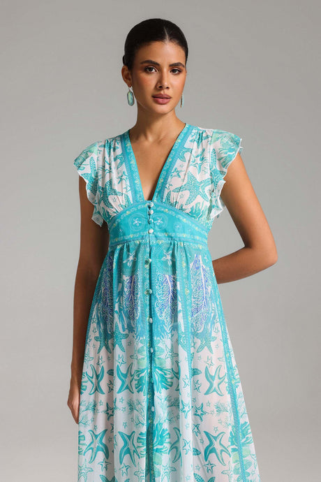 Sydney Turquoise Maxi Dress Flutter Sleeve V-Neckline Lightweight Fabric