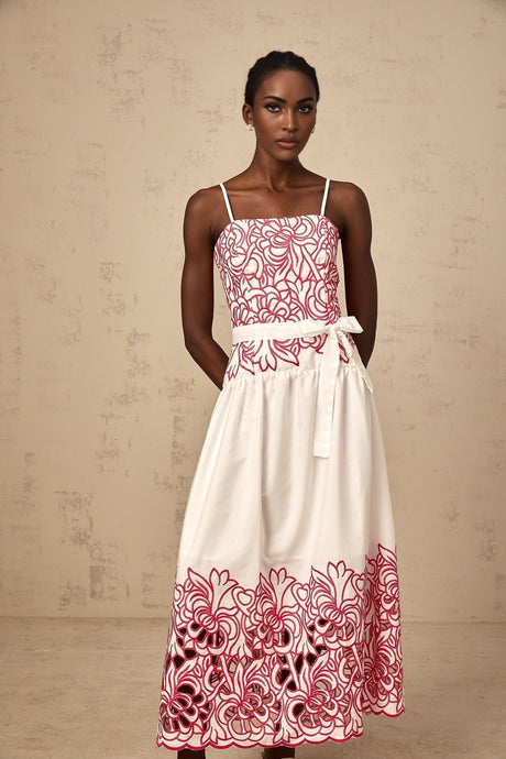 Taliyah Midi Dress in Pink & White - Cut - out Design with Floral Embroidery