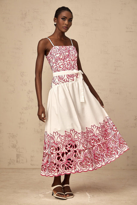 Taliyah Midi Dress in Pink & White - Cut - out Design with Floral Embroidery