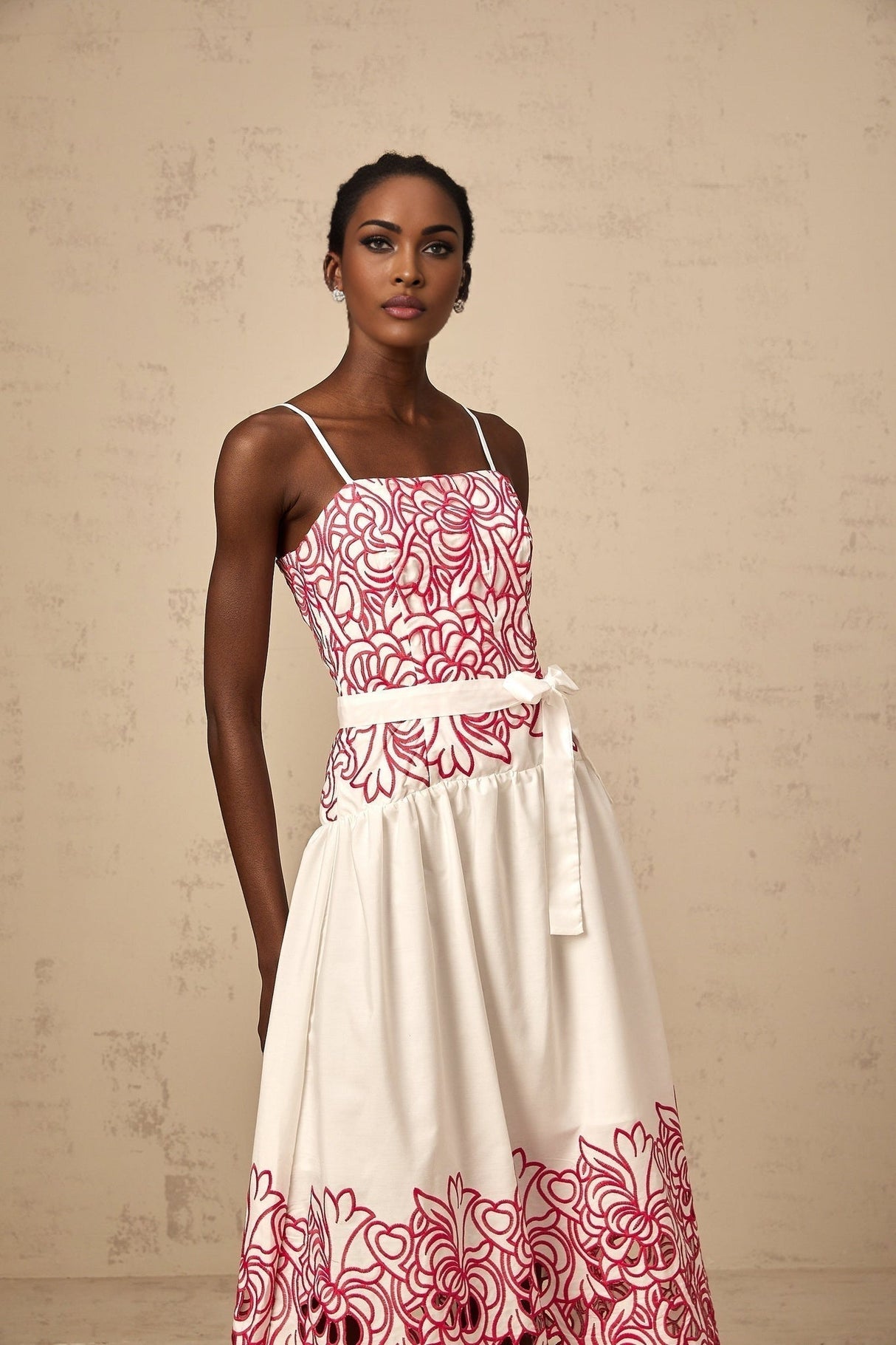 Taliyah Midi Dress in Pink & White - Cut - out Design with Floral Embroidery