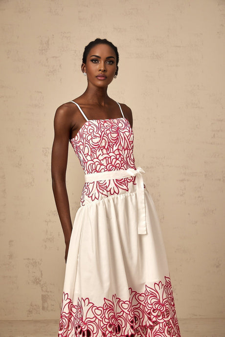 Taliyah Midi Dress in Pink & White - Cut - out Design with Floral Embroidery
