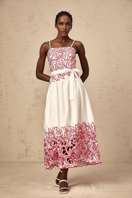 Taliyah Midi Dress in Pink & White - Cut - out Design with Floral Embroidery