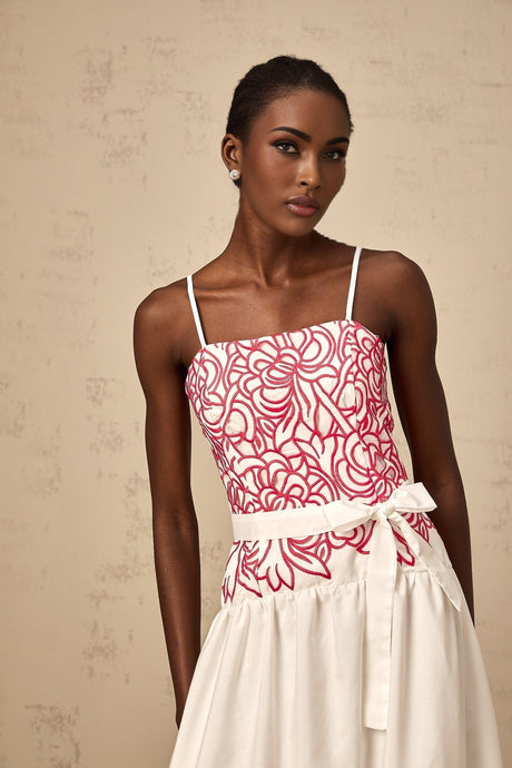Taliyah Midi Dress in Pink & White - Cut - out Design with Floral Embroidery