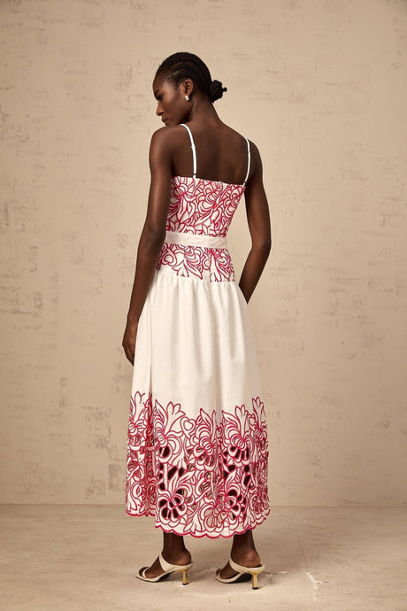 Taliyah Midi Dress in Pink & White - Cut - out Design with Floral Embroidery