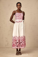 Taliyah Midi Dress in Pink & White - Cut - out Design with Floral Embroidery