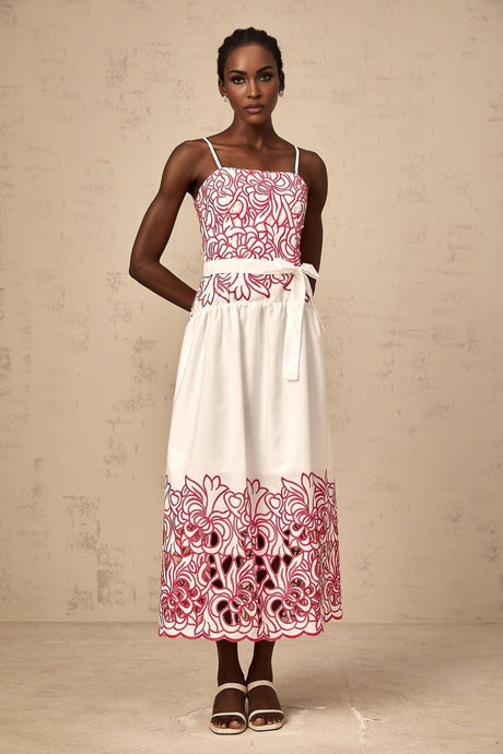 Taliyah Midi Dress in Pink & White - Cut - out Design with Floral Embroidery